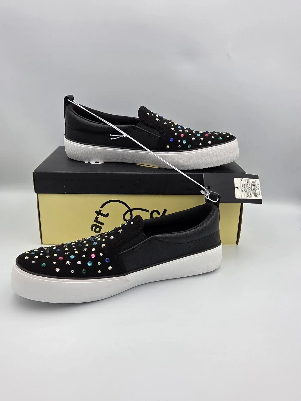 Art Class Girls Black Slip-On Sneakers with Multicolor Studs 4 NIB